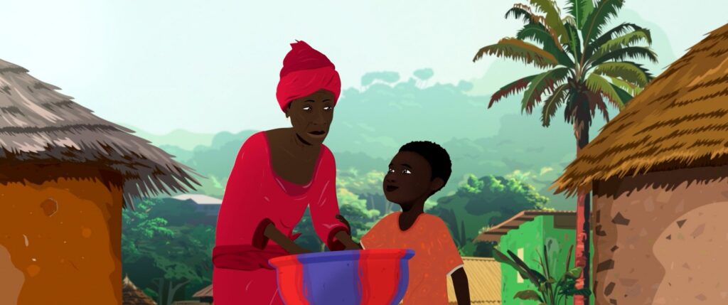 Beeld uit de animatiefilm Allah n'est pas obligé: een vrouw en een jongen in een dorp