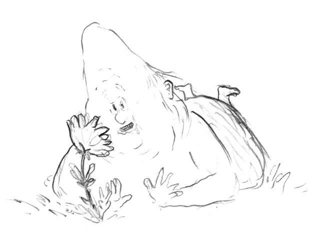 Potloodschets van een kabouter met een bloem, uit de animatiefilm Gnomes