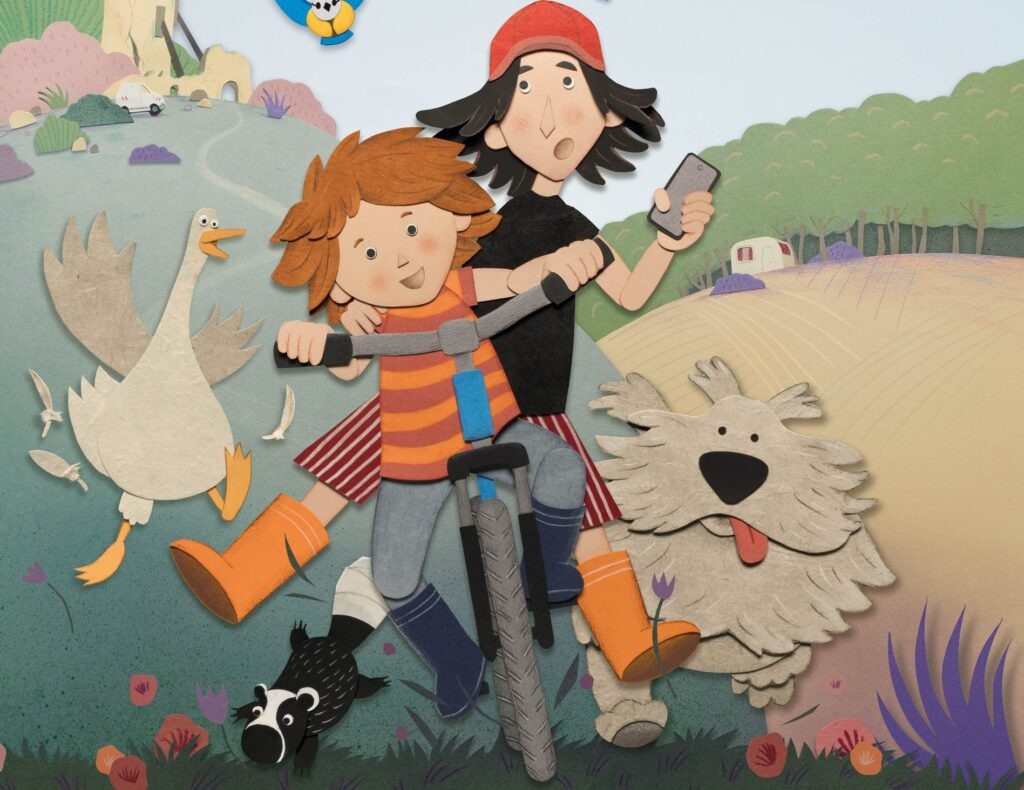 Affiche van de animatiefilm Het geheim van de meesjes: twee kinderen op een fiets met een gans en een hond