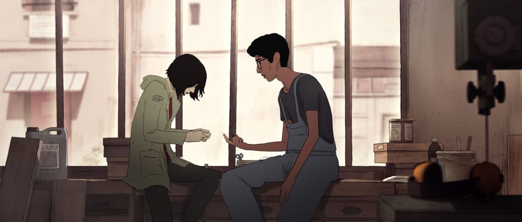 Still uit de animatiefilm J'ai perdu mon corps: twee jongeren zitten naast elkaar op een werkbank voor een raam