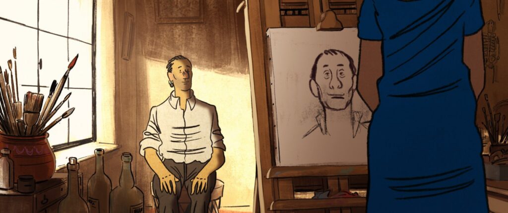 Beeld uit de animatiefilm Josep: een tekenaar in zijn atelier