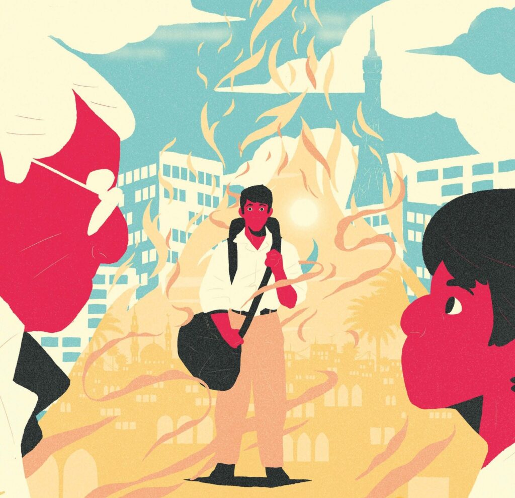 Beeld uit de animatiereeks Le Parfum d'Irak: een jongen met een rugzak tussen twee grote gezichten