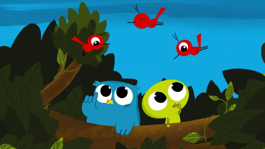 Beeld uit de animatiereeks Ollie: twee vogels op een tak