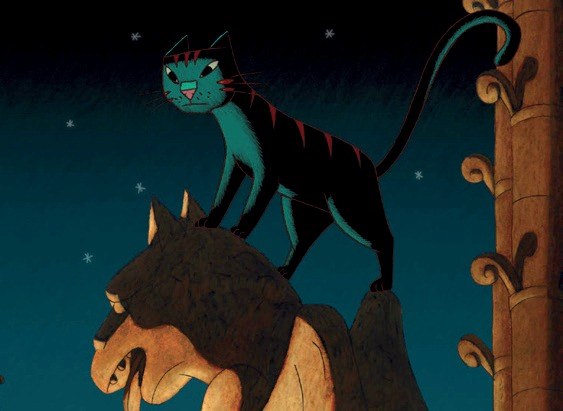 Een kat op een hond, beeld uit de animatiefilm Une vie de chat